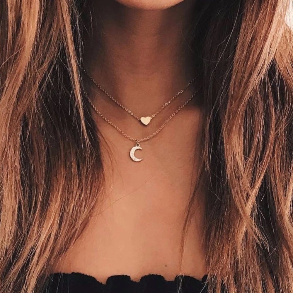 Last 1 New Dainty Heart Moon Layered Necklace - Picture 1 of 5